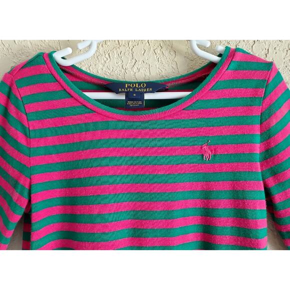 POLO RALPH LAUREN Girl's 6 Peplum Top Striped Green Pink Pony Logo Chest 24" - Picture 2 of 7